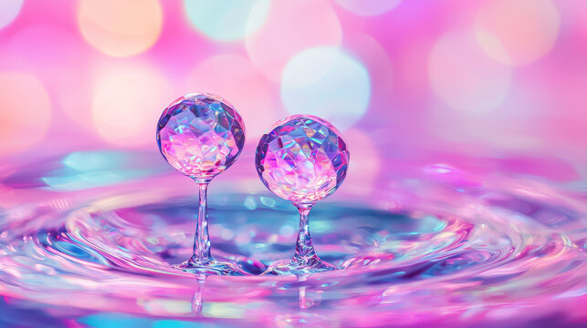 Faceted glass spheres, vibrant pink and blue, stand on delicate stems above rippling water, reflecting dreamy bokeh lights, creating surreal, magical, and elegant atmosphere