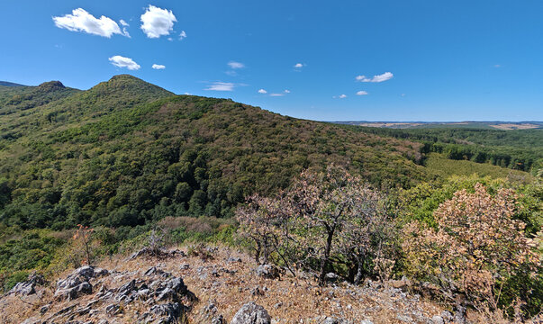 Scenic view from the rocky Szolo-ko viewpoint toward the forested Dedes Castle hills near Malyinka in the Bukk Mountains of northern Hungary.
