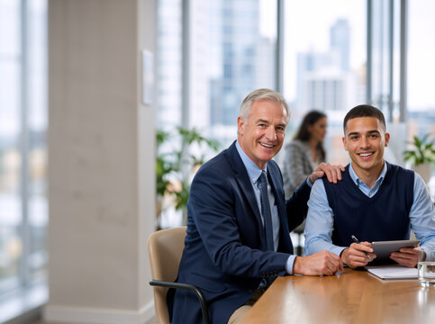 Smiling senior manager and young employee with tablet in modern office. Corporate business teamwork and mentorship concept. Professional men at workplace