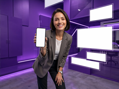 Smiling young woman showing blank smartphone screen in modern purple room. Futuristic digital technology concept with floating white mockup panels. Copy space for text