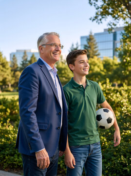 Smiling senior man and teenage boy holding a soccer ball in a park. Grandfather and grandson bonding outdoors. Family lifestyle and sports concept