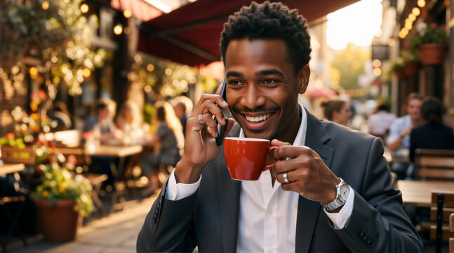 Smiling black businessman talking on a smartphone and drinking coffee at an outdoor cafe. African american corporate professional taking a break in the city. Business communication concept