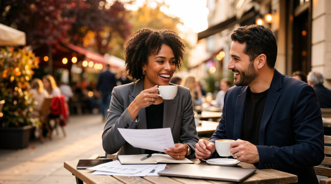 Diverse business colleagues having a meeting at an outdoor cafe. Smiling black woman and caucasian man discussing documents over coffee. Teamwork and corporate collaboration concept