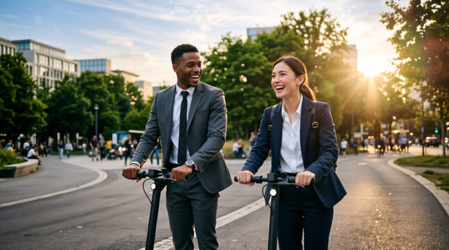 Diverse business colleagues riding electric scooters in the city. Smiling black man and caucasian woman commuting together in corporate suits. Modern eco friendly urban transportation concept