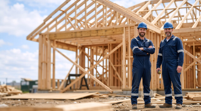 Smiling construction workers in hard hats standing at building site. Professional builders in blue uniform in front of wooden house framing. Residential real estate development