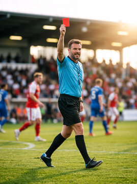 Vertical portrait of a smiling male soccer referee showing a red card on the pitch. Professional football official during a match in a stadium. Sports discipline and penalty concept