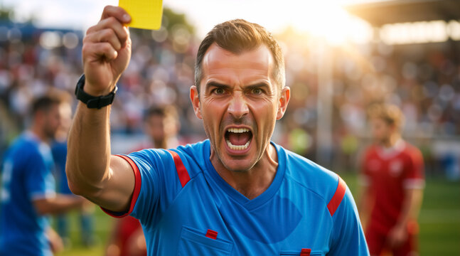 Close up portrait of an angry soccer referee shouting and showing a yellow card. Intense male football official penalizing a player during a stadium match. Sports discipline and authority concept