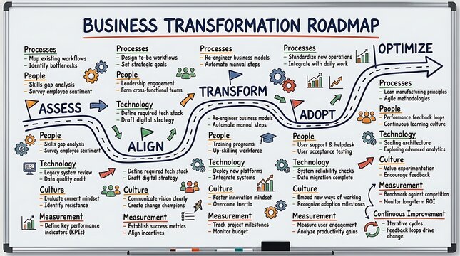 Business transformation roadmap flowchart displayed on a whiteboard for corporate strategy planning.