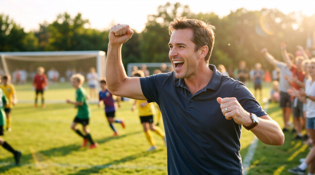 Excited father cheering with raised fist at a youth soccer game. Enthusiastic male spectator celebrating victory on the sidelines during golden hour