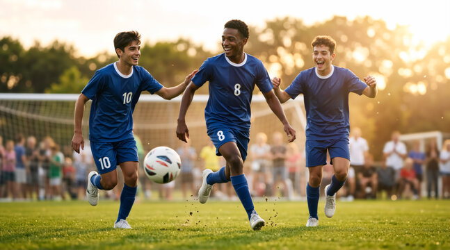 Happy soccer players running with the ball on the field. Diverse team in blue jerseys celebrating during a match at sunset. Teamwork and sports success concept
