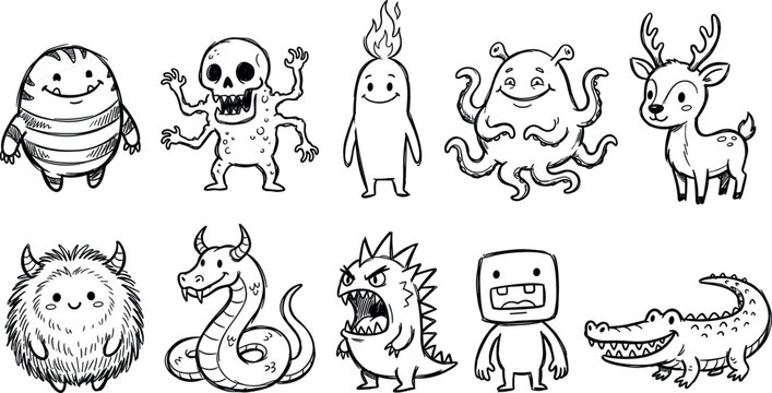 Cute Cartoon Monster and Animal Doodle Character Set Vector Illustration for Kids Coloring Pages Stickers Patterns and Creative Graphic Designs