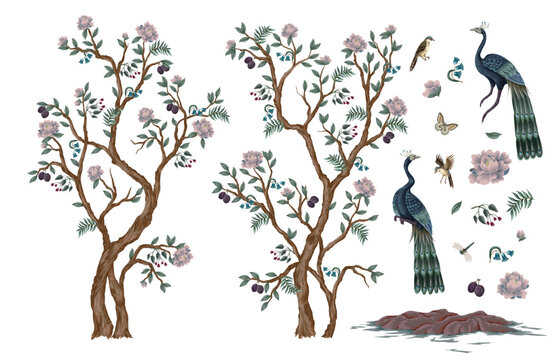 Chinoiserie Peacock Isolated Elements Collection with Floral Trees Birds Butterflies Oriental Garden Illustration