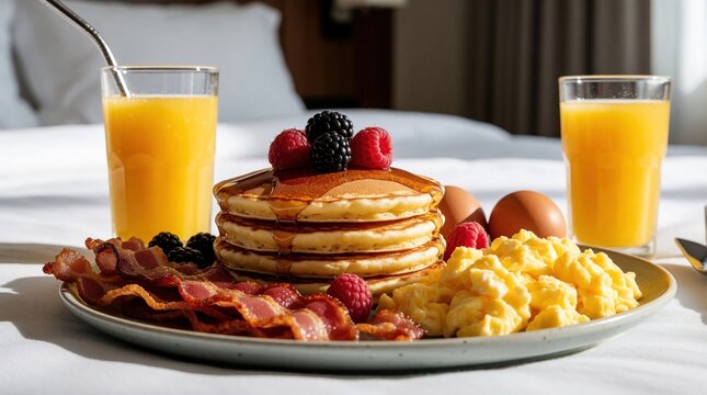 Delicious breakfast served on white bed linens in hotel room. Stack of pancakes with berries, maple syrup, crispy bacon, scrambled eggs, orange juice, boiled eggs. Morning meal with tasty food for