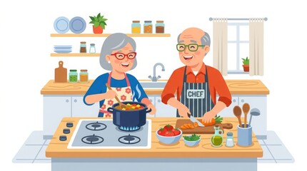 Fototapeta premium Elderly Couple Flat Color Vector Illustration Isolated on White Background