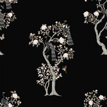 Chinoiserie Peacock Seamless Pattern with Floral Trees Birds Vintage Oriental Wallpaper Design Illustration