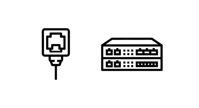 Network connection port and ethernet switch server black outline icons with server rack lan port network cable hardware icon internet equipment