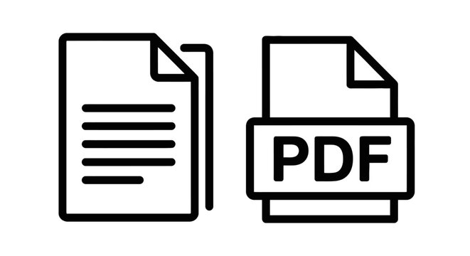 Set of black outline document and pdf file icons isolated on a white background with document icon pdf format paper sheet text document data file