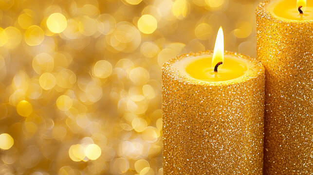 Glitter glamour candle gold bokeh celebration luxury festive glowing warm Two glitter candles with golden bokeh background create luxurious and festive atmosphere perfect for celebration