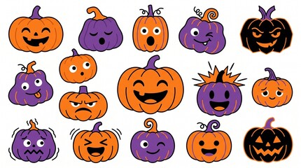 Obraz premium Set of cute cartoon pumpkin faces with various funny expressions for halloween isolated on a white background