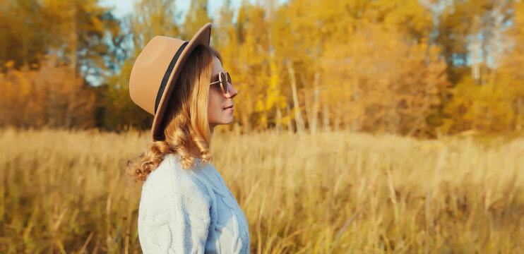 Beautiful young woman in autumn park, stylish modern girl looking away outdoors, with yellow leaves