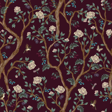 Chinoiserie Floral Seamless Pattern with Branches Birds Blossoms Butterflies and Elegant Oriental Garden