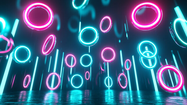 Neon ring glowing circle blue pink futuristic abstract digital light reflection modern create vibrant and energetic atmosphere with neon ring glowing circles blue and pink reflecting shiny surface