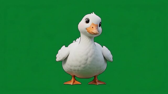 Cute little white duckling with orange beak and feet standing on a green screen background, looking adorable and fluffy.