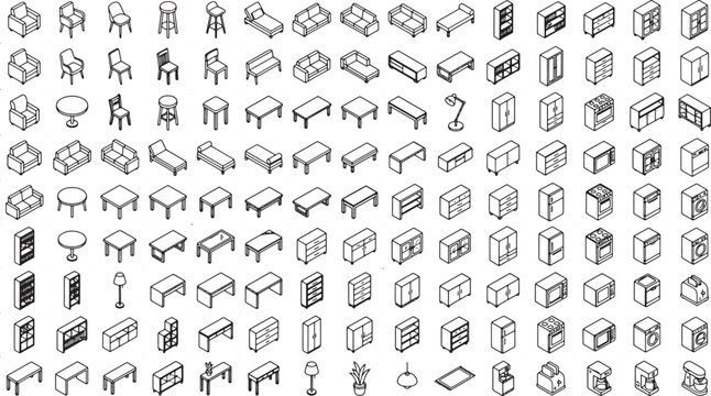 Isometric furniture and home appliance line art icons set for interior design and architectural planning projects