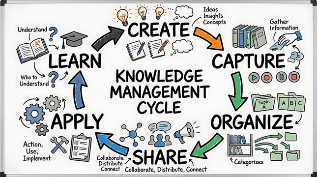Knowledge management cycle diagram showing the process of creating capturing organizing sharing and applying information.