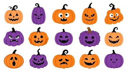 Obraz premium Set of cute and spooky halloween pumpkins with different facial expressions in orange and purple colors