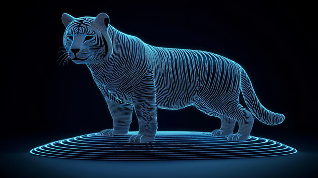 Glowing tiger outline neon blue lines abstract animal silhouette futuristic style digital art standing pose dark background modern design illuminated creative concept
