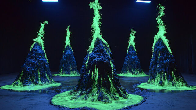 Glowing pyramids fluorescent liquid dark room neon green surreal abstract eruption mysterious futuristic dramatic scene with vibrant energy