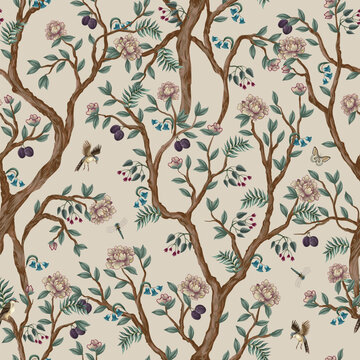 Chinoiserie Floral Seamless Pattern with Branches Birds Blossoms Butterflies and Elegant Oriental Garden