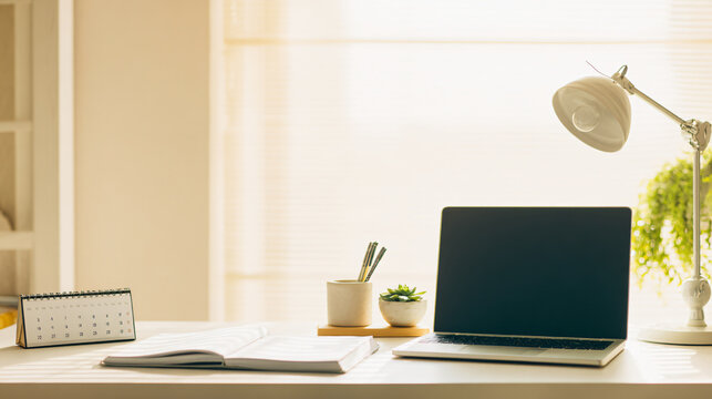 Clean lifestyle photograph of an organized home office desk viewed from a slightly elevated angle, laptop closed, blank notebook, pen holder, desk calendar with completely blank pages