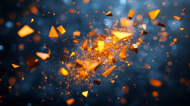 Glowing triangular shards suspended midair emit vibrant orange light with dynamic energy abstract background futuristic dramatic digital art fantasy creative explosion