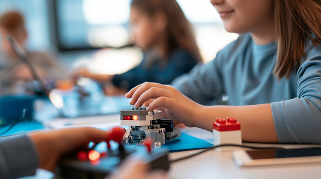 rear view of school children constructing and coding a robot during a bright robotics programming class, backs to camera, using constructor blocks and a remote control joystick,