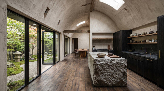 Modern luxury interior design featuring a spacious kitchen with a massive stone island and a vaulted concrete ceiling