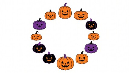 Fototapeta premium Set of cute colorful halloween pumpkin jack o lantern faces arranged in a circle isolated on white background
