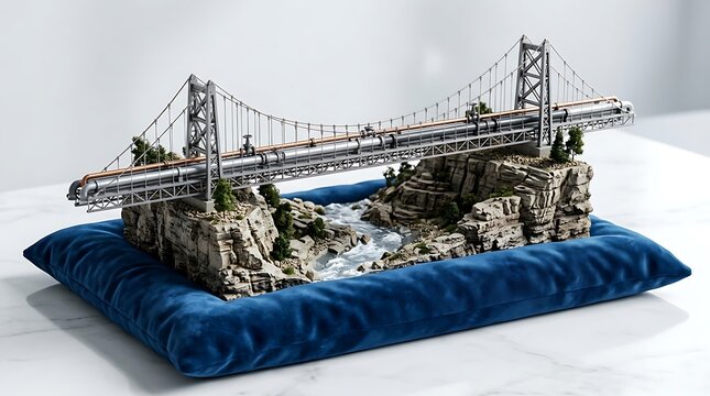 Miniature Suspension Bridge Model Over Rocky Stream on Blue Cushioned Base