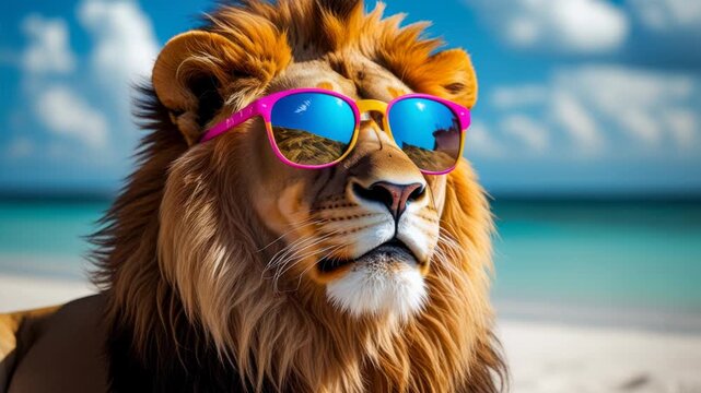 Portrait of lion animal pet on background summer sandy beach sea coast seascape AI Generative