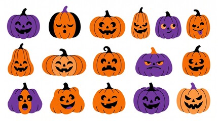 Fototapeta premium Set of cute orange and purple halloween pumpkins with funny faces isolated on a white background