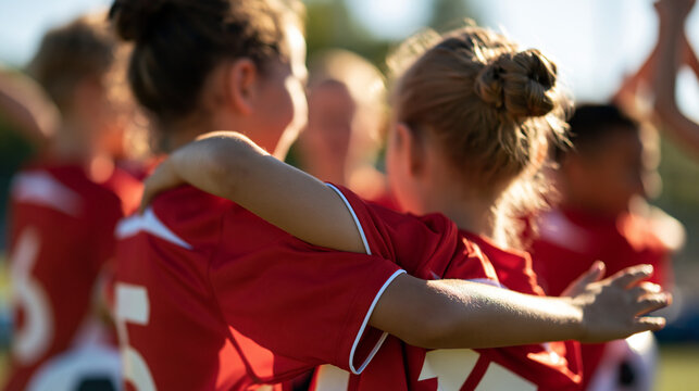 rear view of a youth soccer team celebrating a winning match in a bright park during a summer afternoon, backs to camera, achievement and teamwork concept, energy, sports,