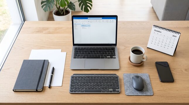 High-angle view of a modern desk layout with laptop computer, wireless keyboard, calendar, notebook, coffee mug, and smartphone on a light wood background.