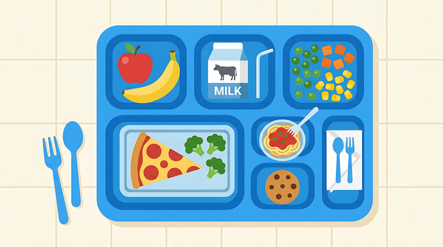 A blue school lunch tray filled with a balanced meal including pizza, fruit, vegetables, milk, and a cookie