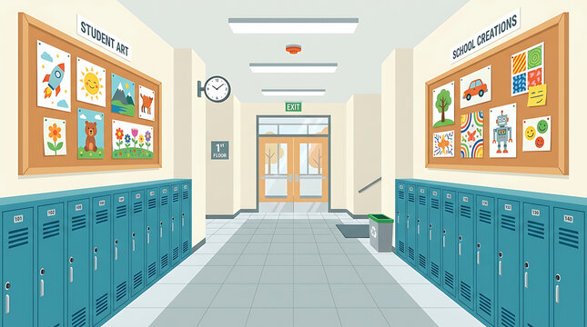 An empty school hallway lined with lockers and decorated with artwork, leading towards exit doors.