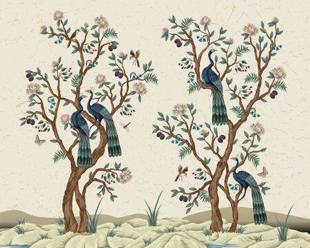 Chinoiserie Peacock Mural with Elegant Birds Floral Trees Vintage Wallpaper Landscape Design Illustration