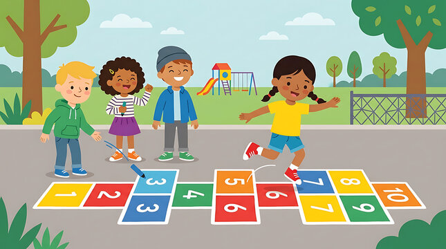 Joyful children playing hopscotch outdoors on a sunny day