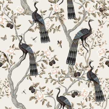 Chinoiserie Peacock Seamless Pattern with Floral Trees Birds Vintage Oriental Wallpaper Design Illustration