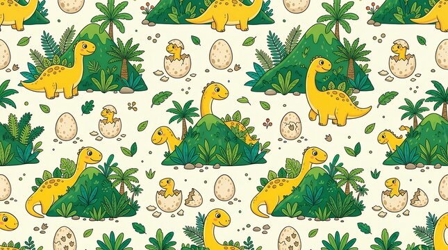 Adorable Yellow Prehistoric Creature Pattern with Foliage Peaks and Hatching Shells Backdrop dinosaur yellow cartoon cute tree mountain eggshell pattern seamless background prehistoric character