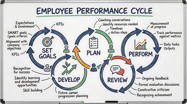 Employee performance cycle diagram showing goal setting, planning, development, execution, and review processes on a whiteboard.